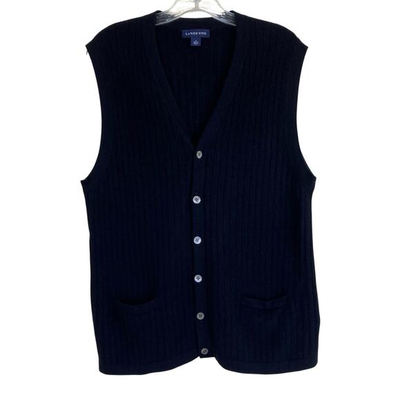 Lands’ End Mens Sz M Black 100% Cashmere Button Up Sweater Vest Pockets - Picture 1 of 16